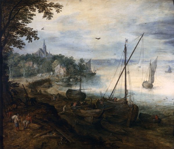 J.Brueghel d.Ä./ Flußlandsch.Holzhacker a Jan Brueghel il Giovane