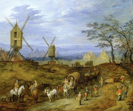 Landscape with Travellers near Windmills a Jan Brueghel il Giovane