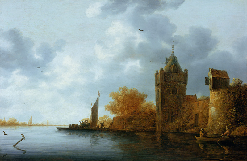 River estuary with a tower and fortified walls, ferry embarking a Jan Coelenbier