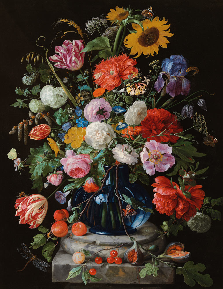 Tulpen, eine Sonnenblume, eine Iris und andere Blumen in einer Glasvase auf dem Marmorsockel einer S a Jan Davidsz de Heem