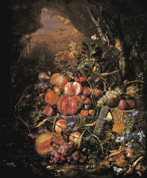 Still-life with fruit, flowers, mush– rooms, insects, snail a Jan Davidsz de Heem