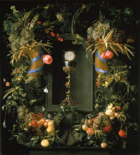Goblet and host, surrounded by fruit garlands