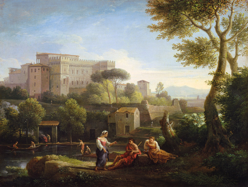 Landscape with figures and a fortress by a river (pair of 81826) a Jan Frans van Bloemen