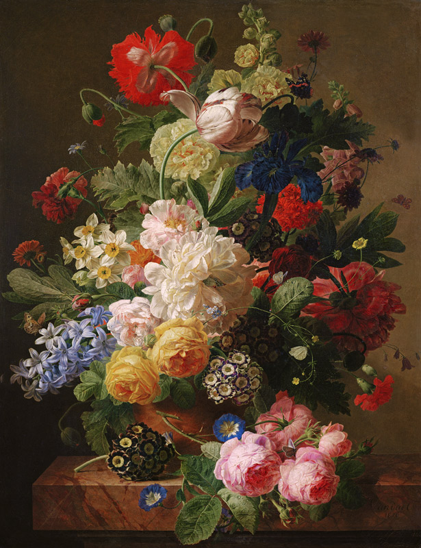 Flowers in a vase on a marble console table a Jan Frans van Dael
