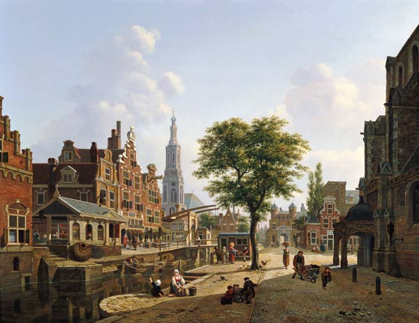 Dutch town scene with canal a Jan Hendrik Verheyen