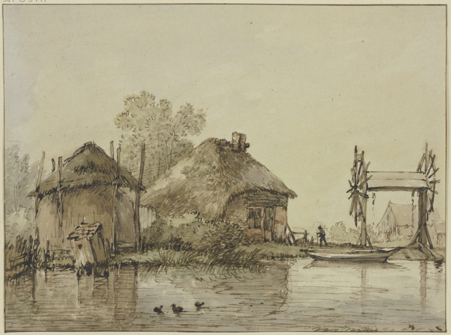 An einem Kanal ein Haus mit Scheune und eine Schleuse mit zwei Rädern a Jan Hulswit