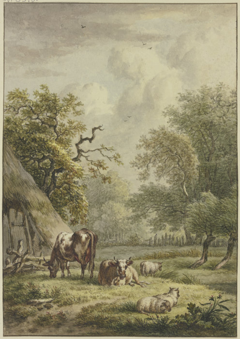 Bei einer Hütte weiden zwei Kühe und drei Schafe a Jan Hulswit