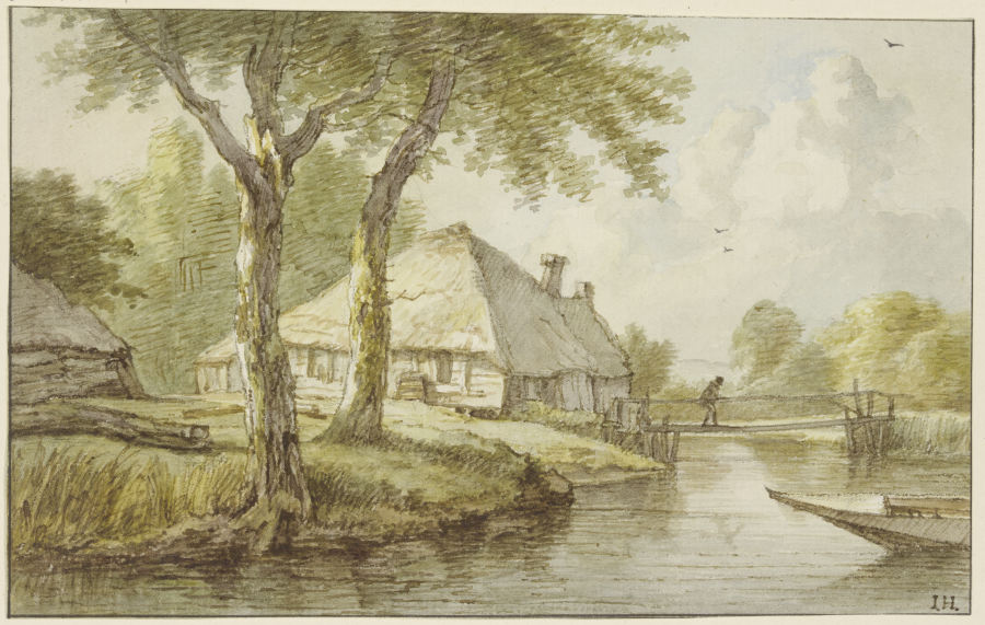 Bei zwei Bäumen ein Haus am Wasser, ein Steg, rechts die Spitze eines Kahnes a Jan Hulswit