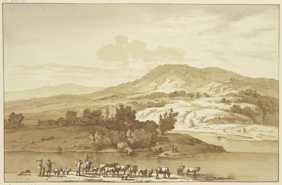 Fluß mit Herde, im Hintergrund Berge a Jan Hulswit