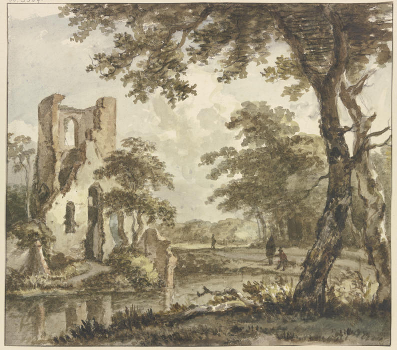 Links am Wasser eine Ruine, rechts ein Angler und zwei weitere Figuren a Jan Hulswit