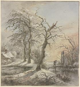 Winterlandschaft, ein Wanderer überquert auf einem Steg einen Bach