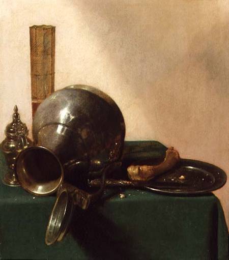 A still life of an overturned jug, a glass of wine, a bone on a plate, all on a green tablecloth a Jan Jansz. den Uyl