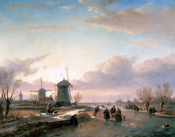 Wintry riverside with skate runners and windmills a Jan Josef Spohler