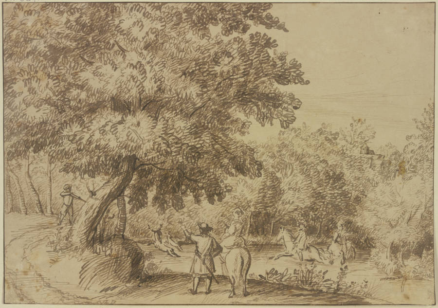 Waldpartie, zwei Reiter sprengen einen Hirsch durchs Wasser, eine Dame zu Pferde sieht zu a Jan Lievens
