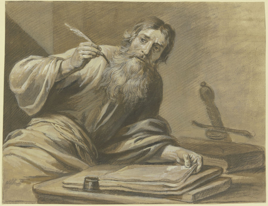 Der Apostel Paulus schreibend, halbe Figur a Jan Luyken