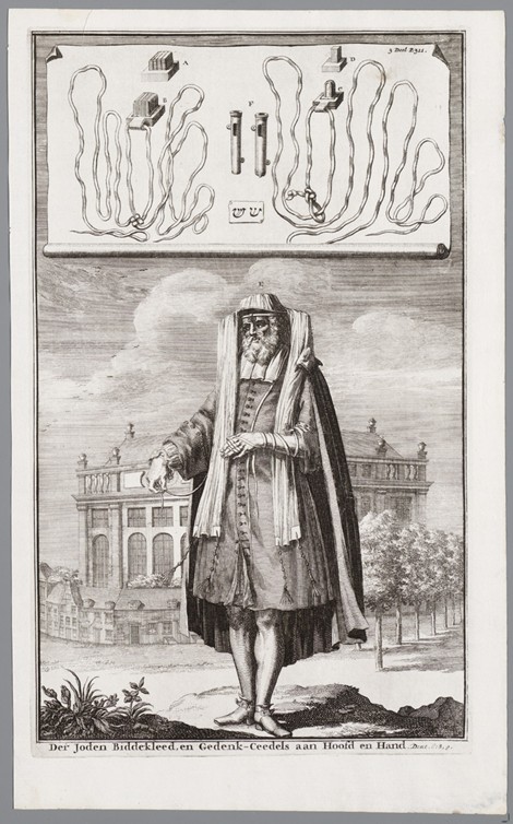 Jewish man, dressed for prayer. On the background the Portuguese Synagogue of Amsterdam a Jan Luyken