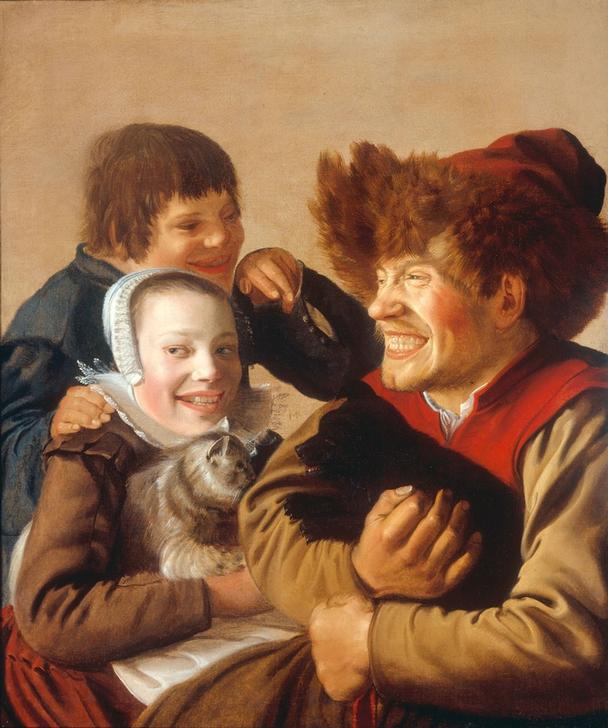 A Grinning Boy in a Fur Hat Holding a Dog, a Girl with a Ca a Jan Miense Molenaer