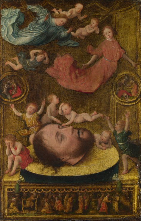 The Head of Saint John the Baptist, with Mourning Angels and Putti a Jan Mostaert