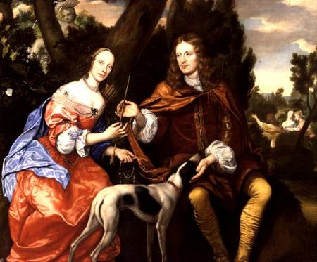 Portrait of a Gentleman and his Wife Holding an Arrow, Seated with their Dog a Jan Mytens