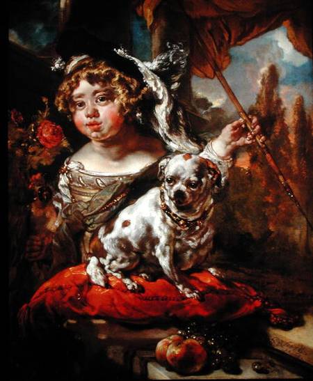 A Portrait of a Boy Wearing a Plumed Hat, Holding a Falcon and Spear, with a Pug Seated Before Him a Jan or Joan van Noordt