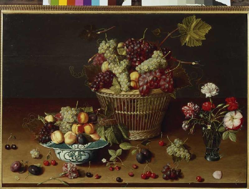 Grapes, peaches and plums in a basket. a Jan Soreau