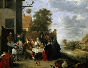 Family at a meal in the open a Jan Havickszoon Steen