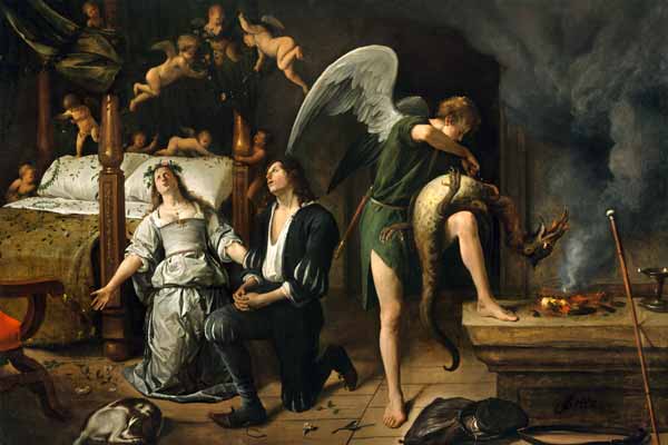 Tobias and Sarah with the Archangel Raphael exorcising the demon Asmodeus, restored version reassemb a Jan Havickszoon Steen