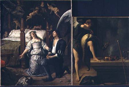 Tobias and Sarah with the Archangel Raphael exorcising the demon Asmodeus, reassembled from two sepa a Jan Havickszoon Steen