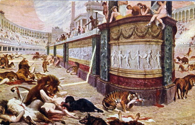 Postcard depicting the bloody games in the arena in Rome, illustration from 'Quo Vadis', 1910 (colou a Jan Styka