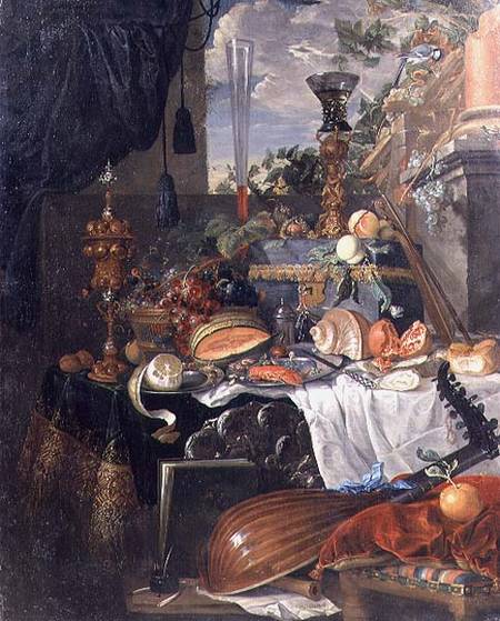 Still life of food and musical instruments a Jan van Dalen