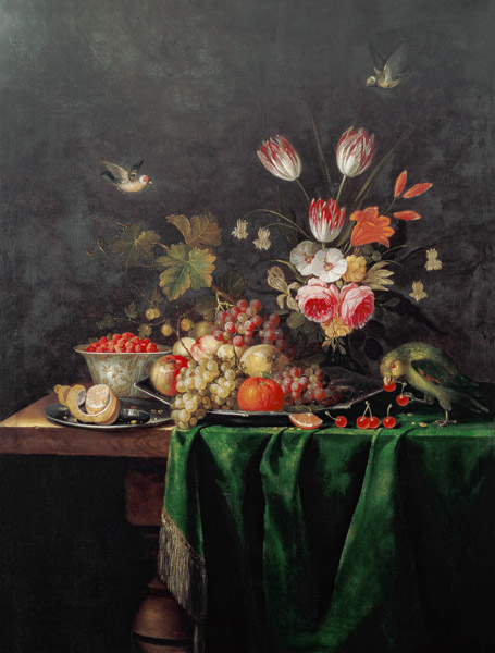 Still Life of Fruit and Flowers with a Parrot on a Table covered with a Green Cloth a Jan van Dalen