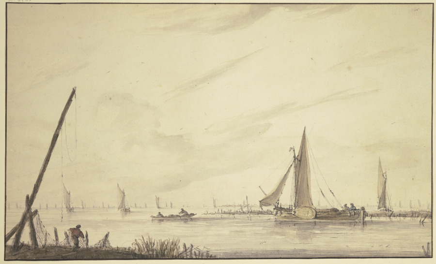 Marine mit vielen Schiffen, links bei einer langen Signalstange ein Fischer mit Netzen a Jan van de Cappelle