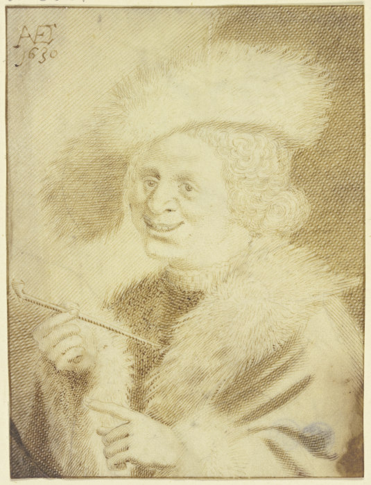 Ein Mann mit Pelzmütze und Pelzrock lachend eine Pfeife haltend a Jan van de Velde II
