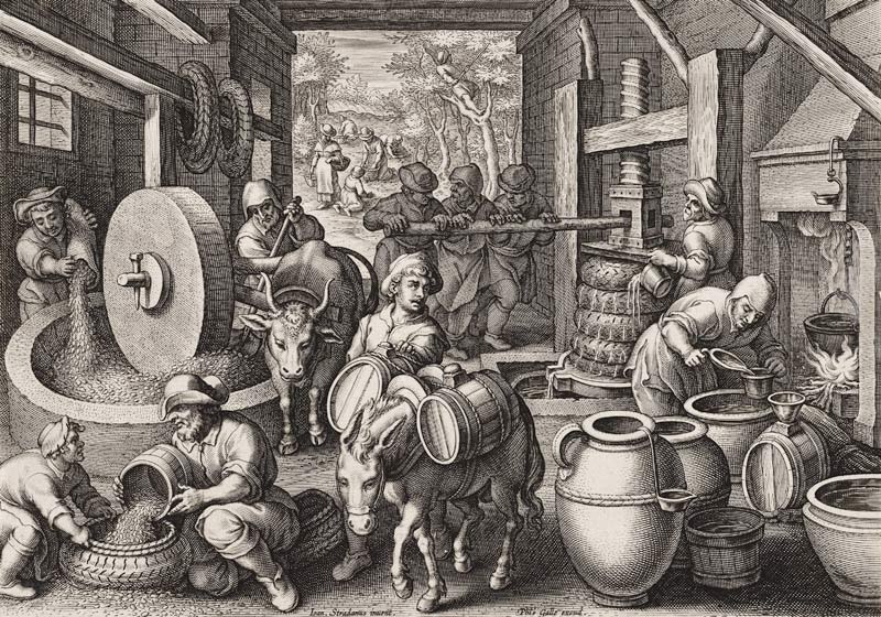 The Production of Olive Oil, plate 13 from 'Nova Reperta' a Jan van der Straet