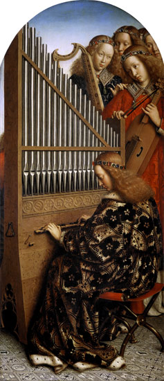 Genter altar, angel playing instruments a Jan van Eyck