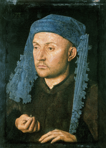 Portrait of a man with a blue headgear a Jan van Eyck
