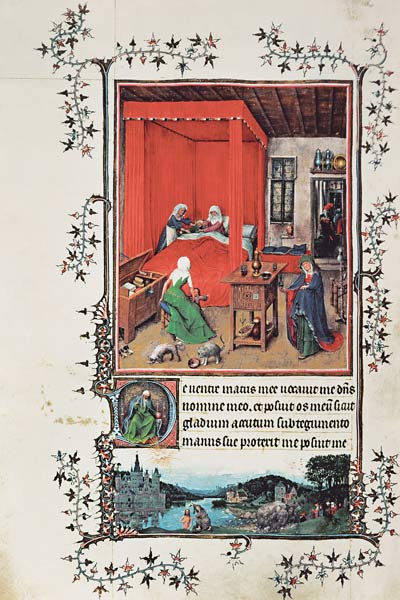 f.93v The Birth of John the Baptist and the Baptism of Christ, from the 'Hours of Milan', 1422 a Jan van Eyck