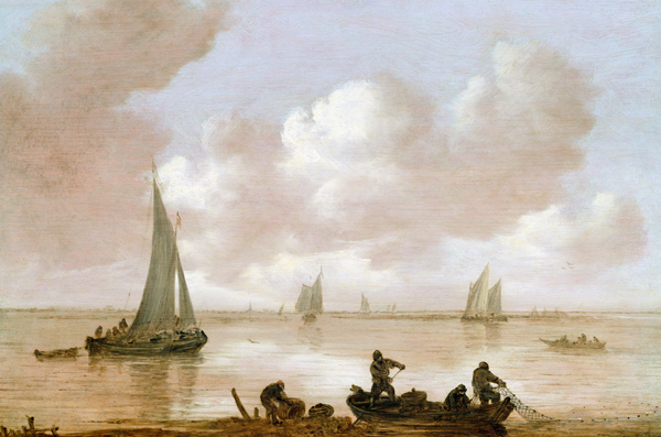 An estuary with fisherman hauling in their nets, with sailing boats behind a Jan van Goyen