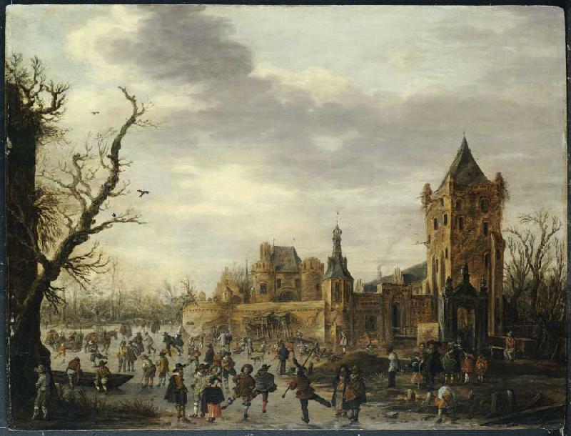 Ansicht von Kasteel Batestein, Vianen mit Wintersportlern. a Jan van Goyen