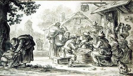 A Farmers' Card Game in front of the Inn, 1624 (pencil, pen and ink and brush on a Jan van Goyen