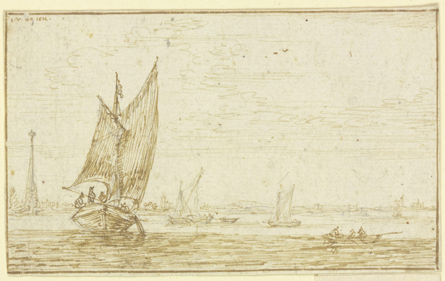 Marine, links segelt ein Boot, rechts ein Ruderboot a Jan van Goyen
