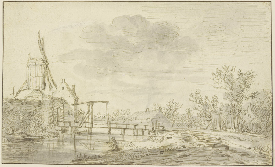 Windmühle auf einer Mauer links, zu der eine Zugbrücke über einen Bach führt a Jan van Goyen