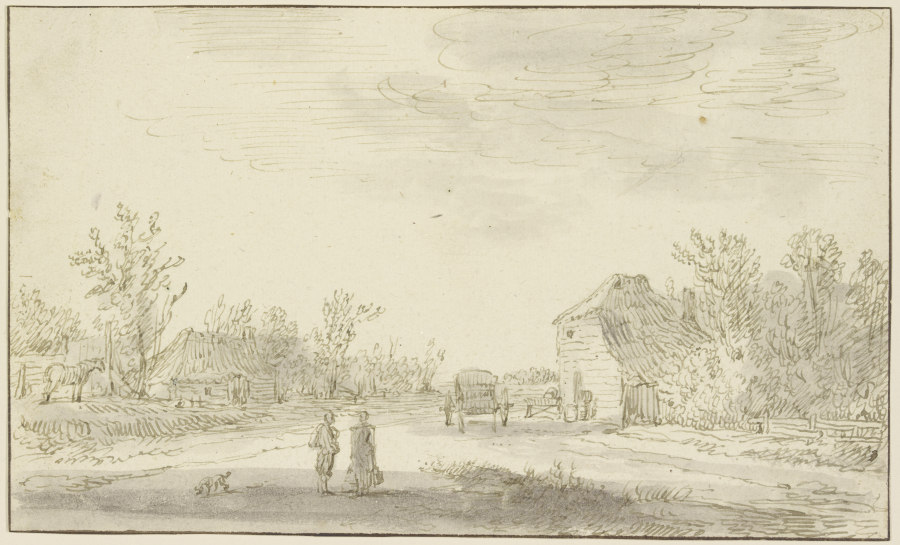 Zwei Figuren und ein Hund vorn auf einem Weg, rechts zurück hält ein Karren vor einem Gehöft, dahint a Jan van Goyen