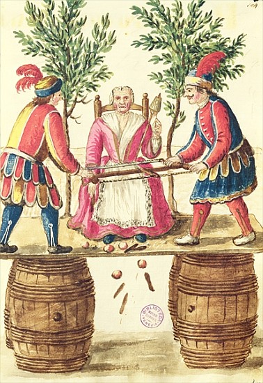 Two Venetian magicians sawing a woman in half a Jan van Grevenbroeck