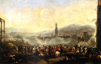 French and Spanish troops in front of an upper Italian town. a Jan van Huchtenburgh (Cerchia)
