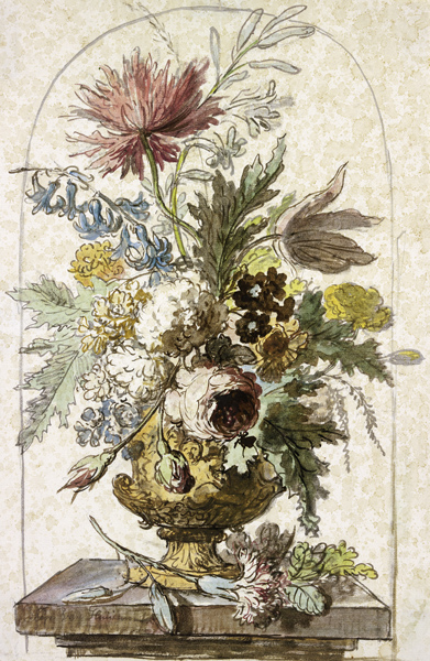 Blumenbouquet in einer Vase, vorne liegt eine Nelke a Jan van Huysum