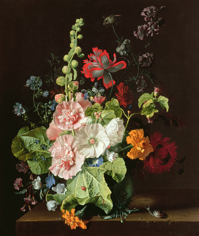Hollyhocks and Other Flowers in a Vase a Jan van Huysum