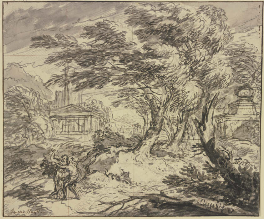 Landschaft mit antiker Tempelarchitektur im Sturm, im Vordergrund ergreift ein Mann eine Frau mit er a Jan van Huysum