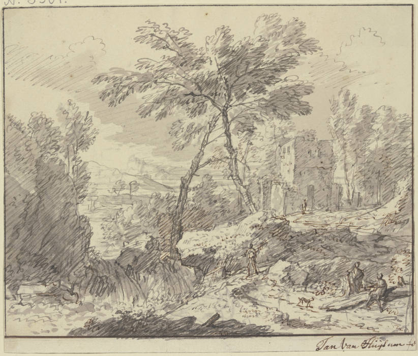Landschaft mit einem Wasserfall, rechts an einem Baumstamm zwei Figuren a Jan van Huysum