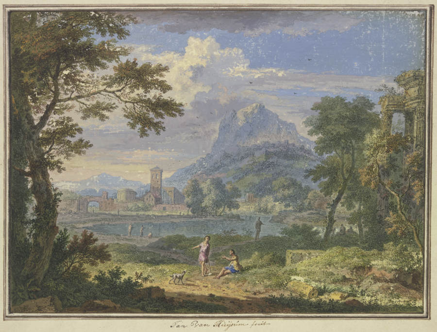 Landschaft mit einer italienischen Stadt bei einem hohen Berg, rechts die Ruine eines Tempels, im Vo a Jan van Huysum